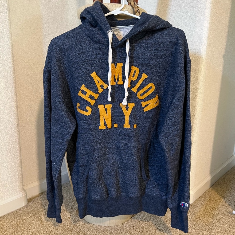Champion Men's Dark Blue Hoodie with Yellow Print